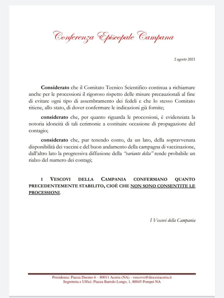 Comunicato urgente Conferenza episcopale Campana sul divieto processioni