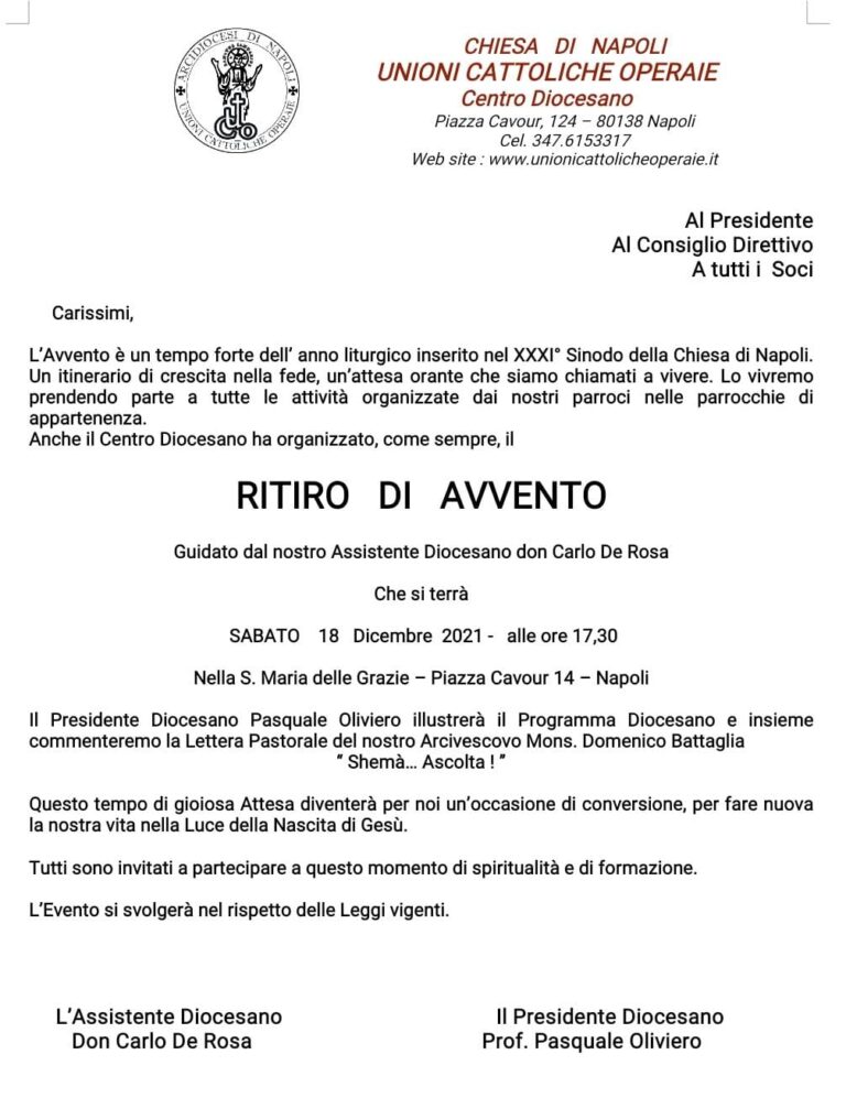 Ritiro di avvento Sabato 18 Dicembre 2021 ore 17:30